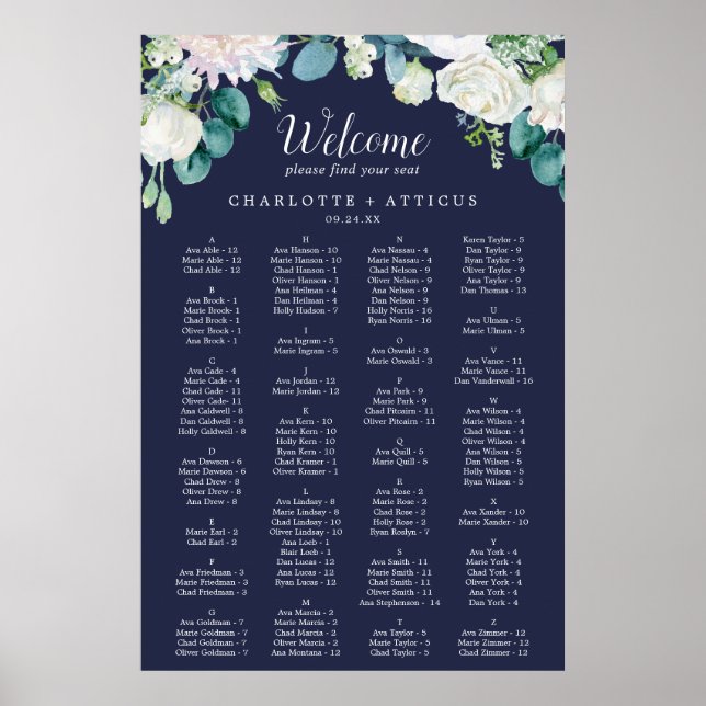 Poster Fleurs blanches classiques Marine Siège Alphabétiq (Devant)