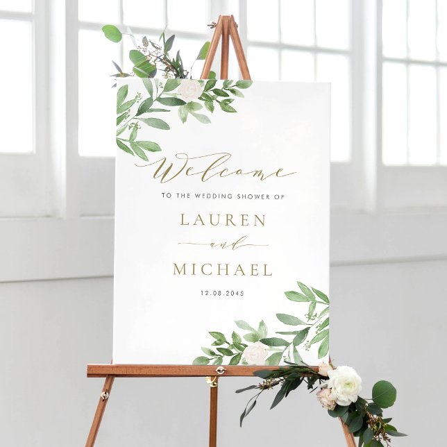 Poster Fleurs blanches et verdure Accueil Wedding shower (Watercolor Greenery and White Flowers Wedding Shower Welcome Sign)