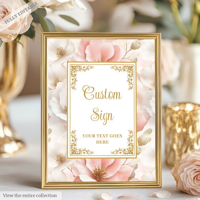 Poster Fleurs blanches intemporelles & or élégant panneau (Timeless blush flowers & gold elegant custom sign)