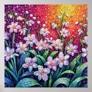 Poster Fleurs blanches pointillisme artistique minimal bo