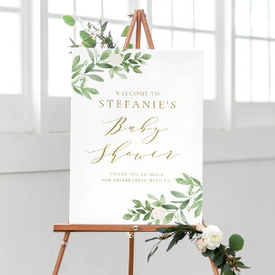 Poster Fleurs blanches vertes Baby shower or Bienvenue