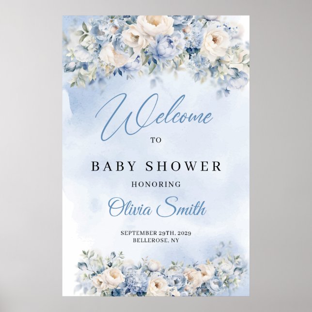 Poster Fleurs bleu et ivoire Dusty Baby shower bienvenue (Devant)