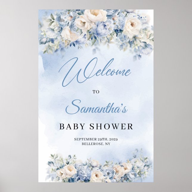 Poster Fleurs bleu et ivoire Dusty Baby shower bienvenue (Devant)