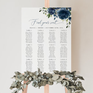 Poster Fleurs Bleu Marine, Feuillage, Plan de Table de Ma