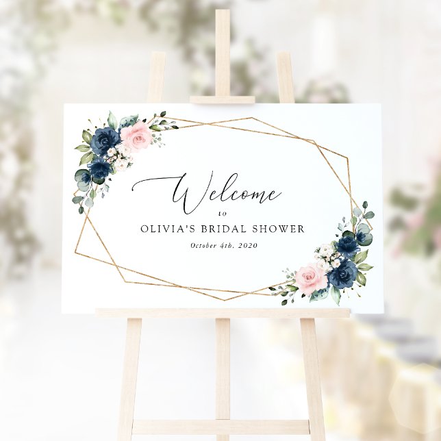Poster Fleurs Bleu Marine, Fleurs Roses, Accueil de Marié (Créateur téléchargé)