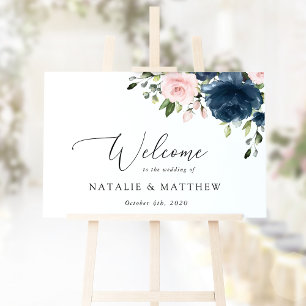 Poster Fleurs Bleu Marine, Fleurs Roses, Bienvenue au Mar