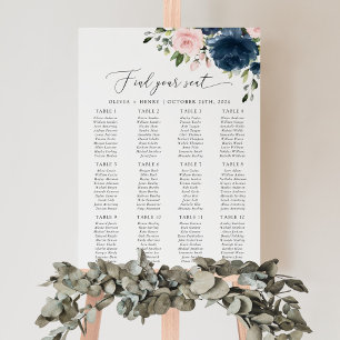 Poster Fleurs Bleu Marine, Fleurs Roses, Plan de Table