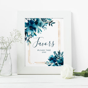 Poster Fleurs Bleu Marine & Panneau de Douche à Cadre Dor
