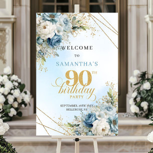 Poster Fleurs bleues aquarelle douces cadre doré 90e anni