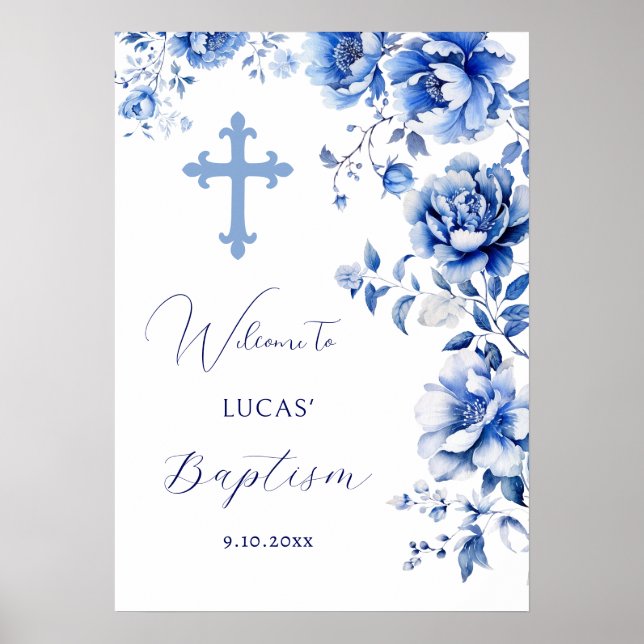 Poster Fleurs Bleues Baptême Accueil (Devant)