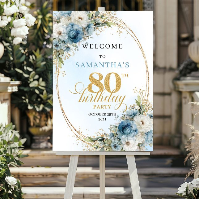 Poster Fleurs bleues bohèmes délicates cadre doré 80 ans (Delicate boho blue florals gold frame 80th birthday

)