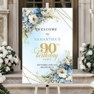 Poster Fleurs bleues bohèmes intemporelles or 90e anniver