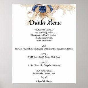 Poster Fleurs bleues Boissons Menu Mariage Signer