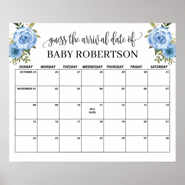 Poster Fleurs bleues Calendrier de devinette de date d'ac (Devant)
