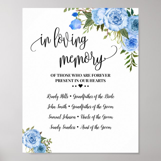 Poster Fleurs bleues de mariage de souvenir en mémoire af (Devant)