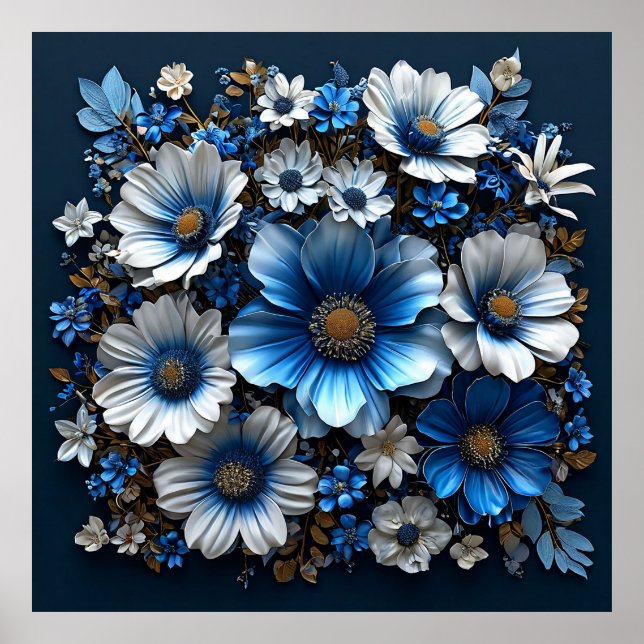 Poster Fleurs bleues et blanches (Devant)