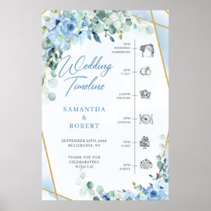 Poster Fleurs bleues et eucalyptus or mariage Timeline