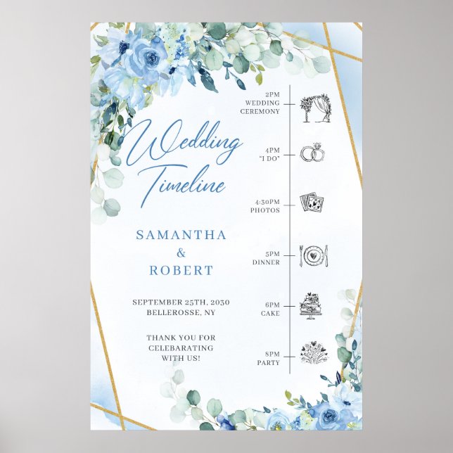 Poster Fleurs bleues et eucalyptus or mariage Timeline (Devant)