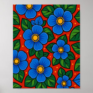 Poster Fleurs bleues et feuilles vertes sur fond rouge