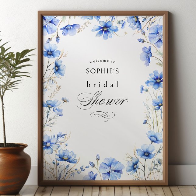 Poster Fleurs bleues Fête des mariées à cadre fleuri Accu (Bridal Shower Welcome Poster with Blue Flowers from Something Blue Floral Bridal Shower Collection)