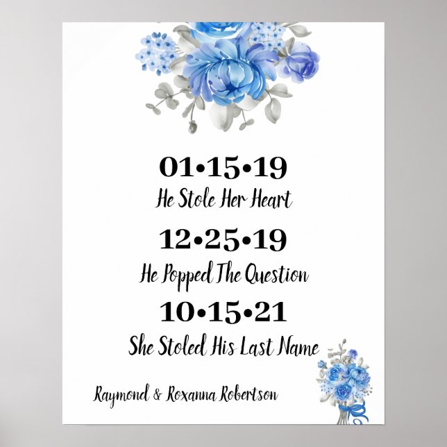 Poster Fleurs Bleues Meilleur Mariage Jour Date Oui Jour (Devant)