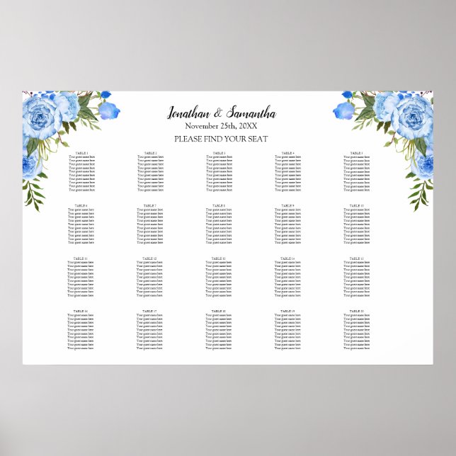 Poster Fleurs bleues Sièges Graphique 20 tables Mariage (Devant)