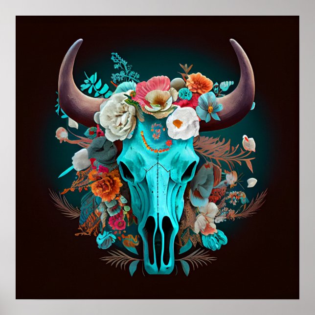 Poster Fleurs Boho Occidentales Taureau de vache Turquois (Devant)