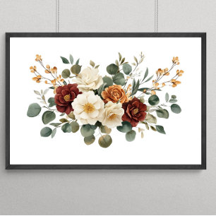 Poster Fleurs botaniques en terre cuite bordeaux rouille