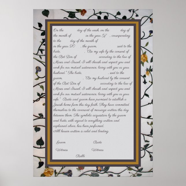 Poster Fleurs brodées Ketubah - Réforme Texte canadien (Devant)