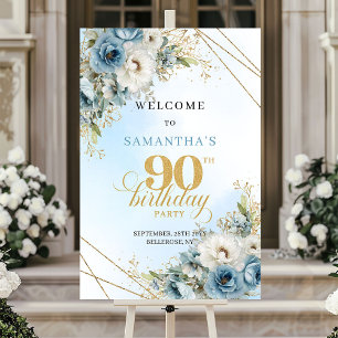 Poster Fleurs charmantes bleu poussiéreux cadre doré 90e
