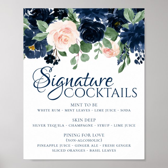 Poster Fleurs Chic | Boissons Signature Bleu Marine et Bl (Devant)