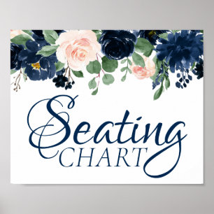 Poster Fleurs Chic Fleurs de couleur bleu marine et ros