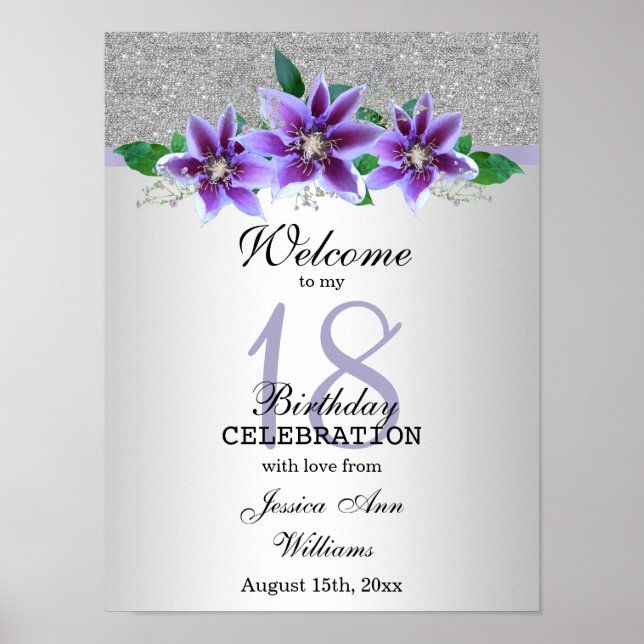 Poster Fleurs Clematis et Argent Classy 18e anniversaire (Devant)