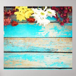 Poster Fleurs colorées, bordure vintage en bois.