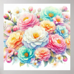 Poster Fleurs colorées dans des couleurs pastel doux aqua