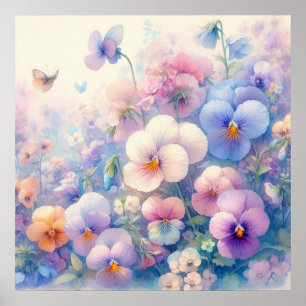 Poster Fleurs colorées dans des couleurs pastel doux aqua
