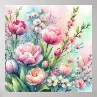 Poster Fleurs colorées dans des couleurs pastel doux aqua