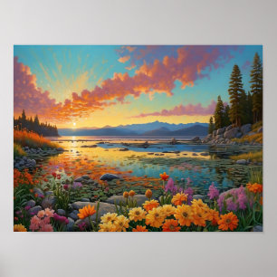 Poster Fleurs colorées du lac de montagne Art