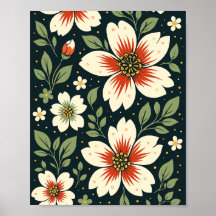 Fleurs crème avec centres rouges et feuilles verte