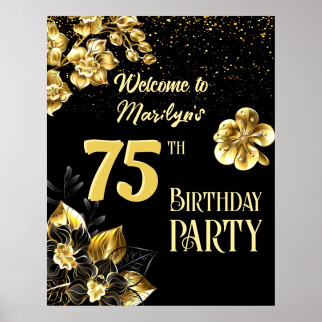 Poster Fleurs d'anniversaire en noir et or personnalisées (Devant)