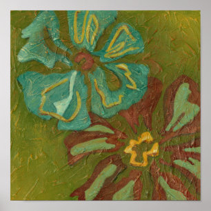 Poster Fleurs d'aqua et d'orange brûlée sur fond vert