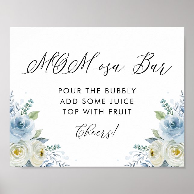 Poster Fleurs d'aquarelle bleu et blanc barre Maman-osa (Devant)