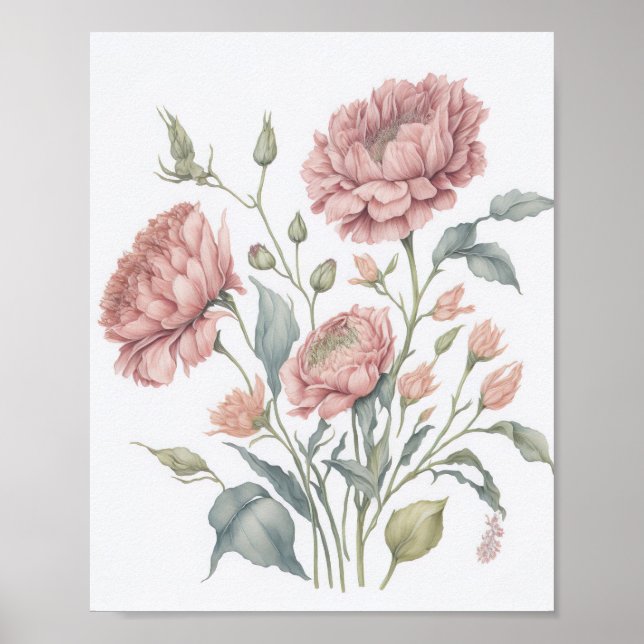 Poster Fleurs d'aquarelle bleu et rouge d'inspiration vin (Devant)