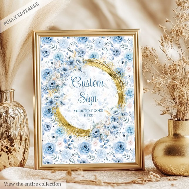 Poster Fleurs d'aquarelle bleu poussiéreuses simples pers (Simple dusty blue boho watercolor flowers custom Poster)