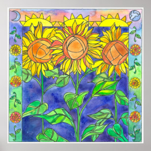 Poster Fleurs d'aquarelle de tournesol Lune de soleil