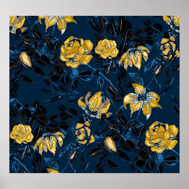 Poster Fleurs d'aquarelle Feuilles : Motif Vintage (Devant)