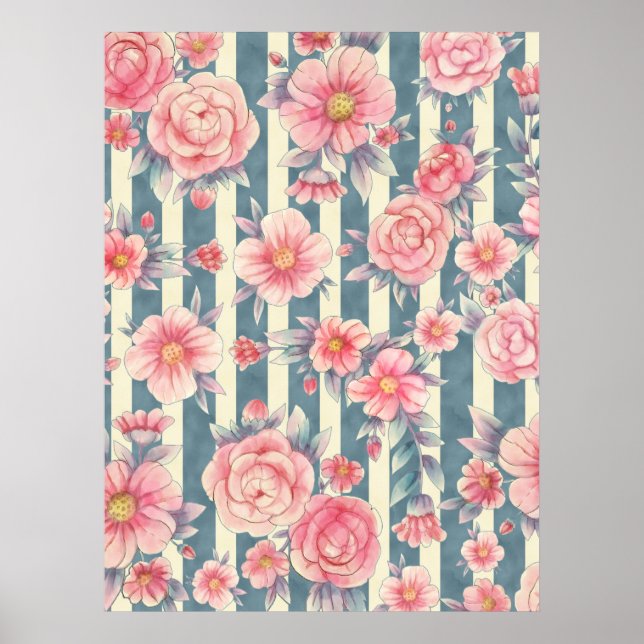 Poster Fleurs d'aquarelle rose sur bandes (Devant)
