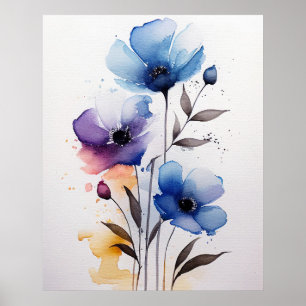 Poster Fleurs d'aquarelle violette et bleue