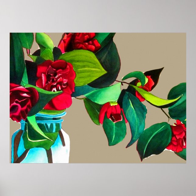 Poster Fleurs d'art original aquarelle fleurs rouges (Devant)