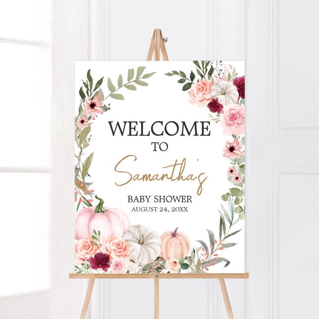Poster Fleurs d'automne Citrouille Baby shower Bienvenue (Autumn Little Pumpkin Baby Shower Welcome Sign)